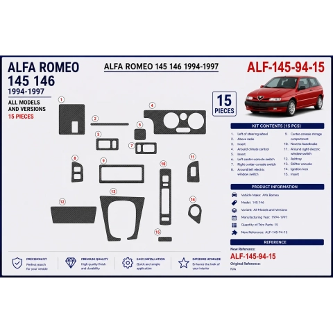 Alfa Romeo 145 146 1994-1997 kit décor tableau de bord 3D, 15 pièces 2