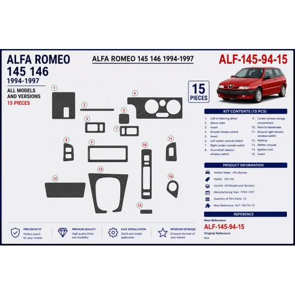 Alfa Romeo 145 146 1994-1997 kit décor tableau de bord 3D, 15 pièces