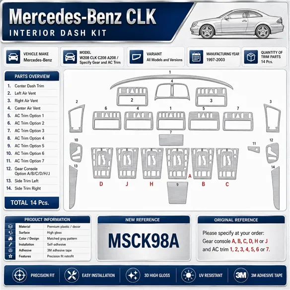 Mercedes Benz W208 CLK C208A208 1997-2003 kit décor tableau de bord 3D, 14 pièces