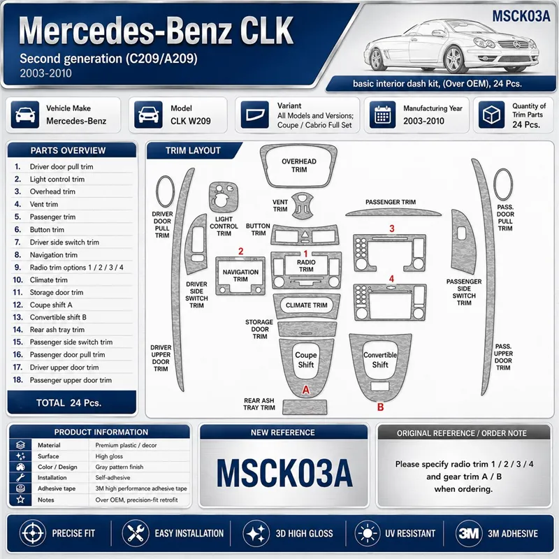 Mercedes Benz CLK W209 2003-2010 Coupe Carbio set complet 24pcs kit décor tableau de bord 3D