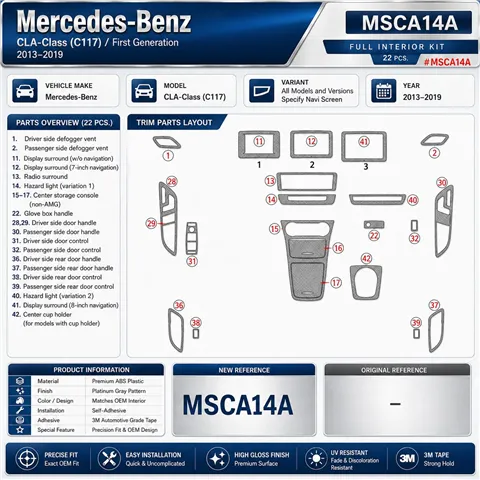 Mercedes-Benz CLA-Class 2014-2017 kit décor tableau de bord 3D, 22 pièces