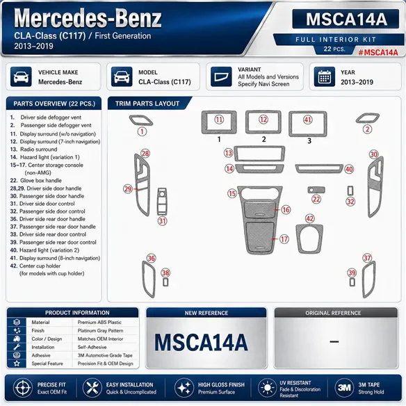 Mercedes-Benz CLA-Class 2014-2017 kit décor tableau de bord 3D, 22 pièces