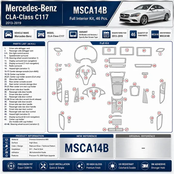 Mercedes-Benz CLA-Class 2014-2017 kit décor tableau de bord 3D, 46 pièces