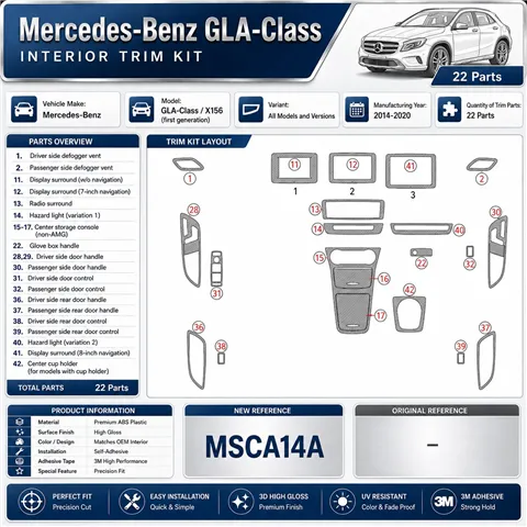 Mercedes-Benz GLA-Class 2014-2020 kit décor tableau de bord 3D, 22 pièces
