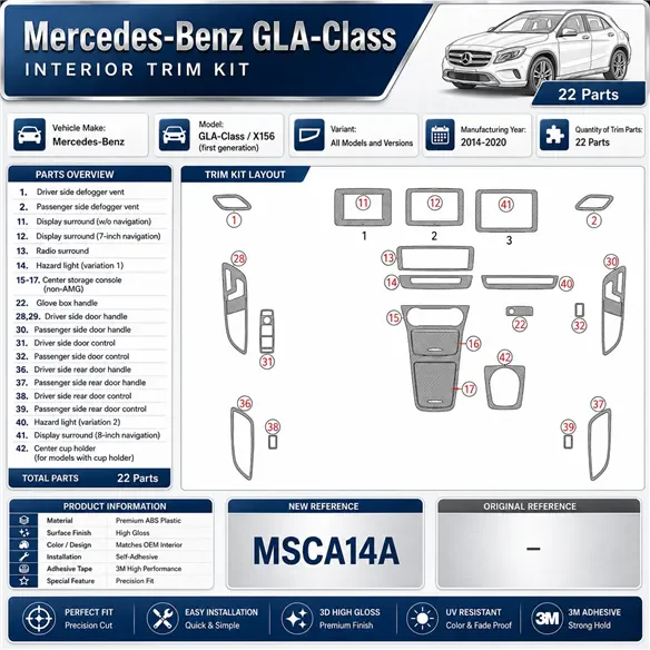 Mercedes-Benz GLA-Class 2014-2020 kit décor tableau de bord 3D, 22 pièces