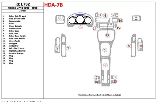 Honda Civic 1996-1998 2 Des portes, Ensemble Complet, 20 Parts set BD Kit la décoration du tableau de bord - 1 - habillage decor