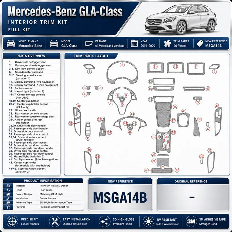 Mercedes-Benz GLA-Class 2014-2020 kit décor tableau de bord 3D, 46 pièces