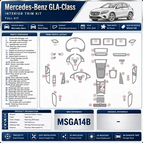 Mercedes-Benz GLA-Class 2014-2020 kit décor tableau de bord 3D, 46 pièces