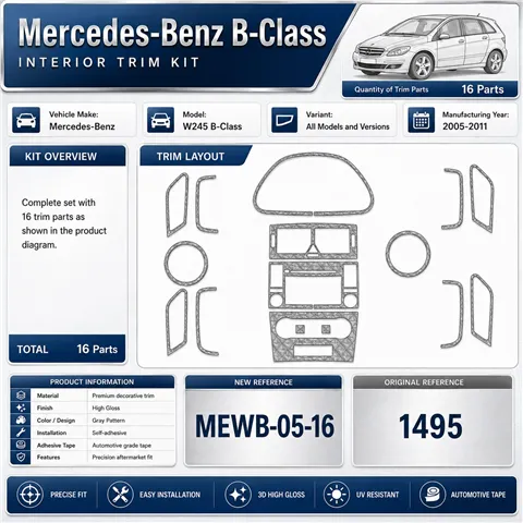 Mercedes W245 B-Class 2005-2011 kit décor tableau de bord 3D, 16 pièces