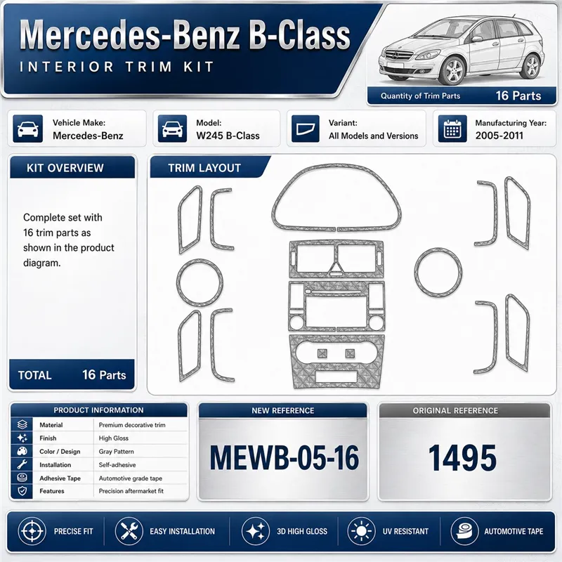 Mercedes W245 B-Class 2005-2011 kit décor tableau de bord 3D, 16 pièces