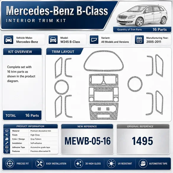 Mercedes W245 B-Class 2005-2011 kit décor tableau de bord 3D, 16 pièces