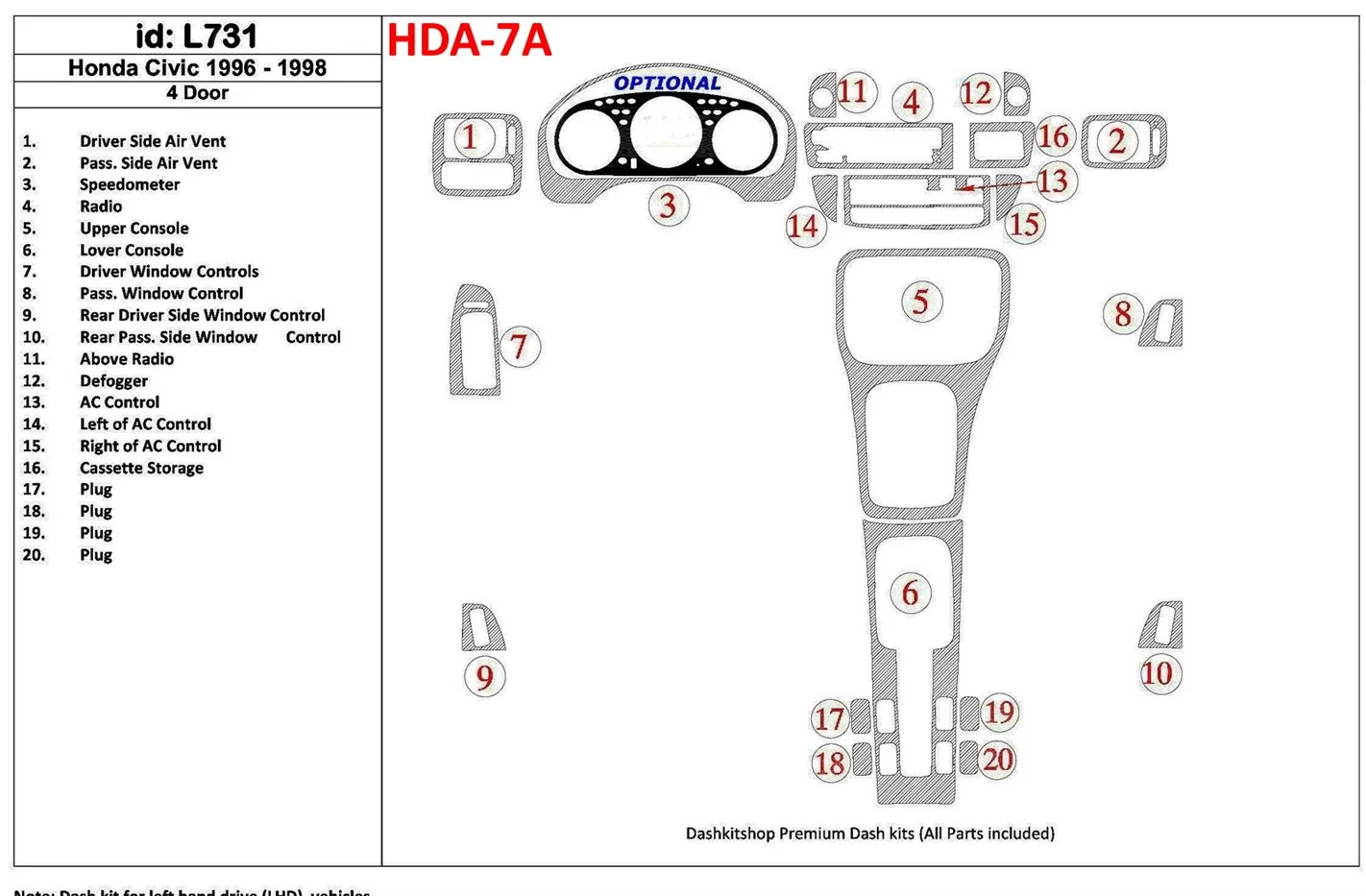 Honda Civic 1996-1998 4 Des portes, Ensemble Complet, 20 Parts set BD Kit la décoration du tableau de bord - 1 - habillage decor
