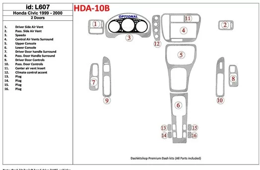 Honda Civic 1999-2000 2 Des portes 16 Parts set BD Kit la décoration du tableau de bord - 1 - habillage decor de tableau de bord