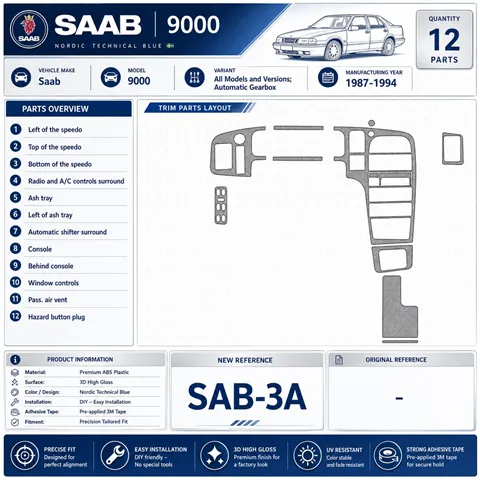 Saab 9000 1987-1994 boîte automatique 12 pièces kit décoration intérieure tableau de bord 2