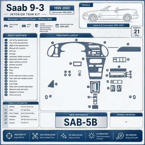 Saab 9-3 1999-2002 Auto boîte de vitesses, avec Compact Casette player, sans OEM, 21 pièces kit décoration intérieure tableau de