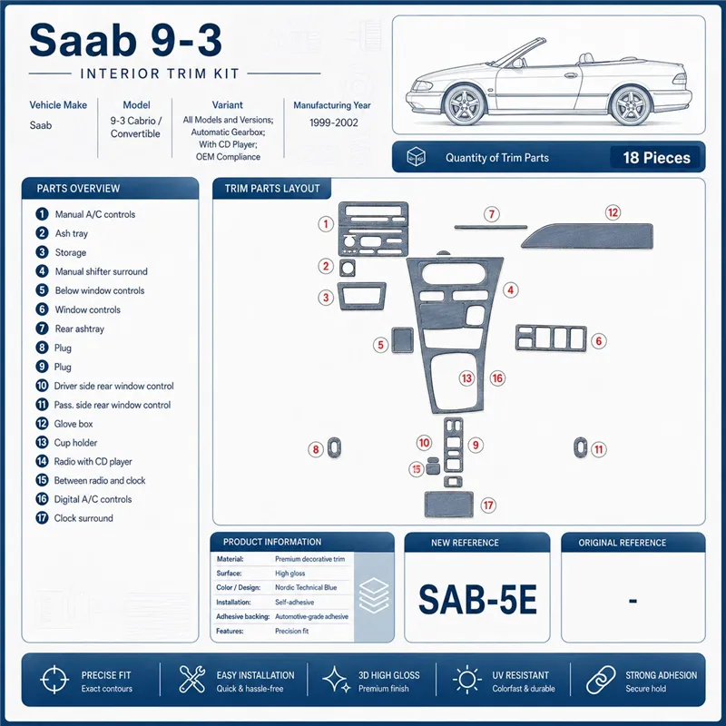 Saab 9-3 1999-2002 boîte automatique, avec lecteur CD, conformité OEM, 18 pièces kit décoration intérieure tableau de bord