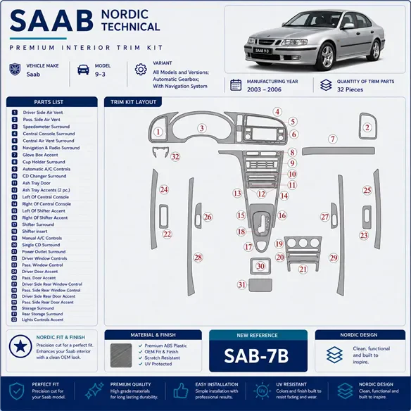 Saab 9-3 2003-2006 boîte automatique, avec navigation system kit décoration intérieure tableau de bord