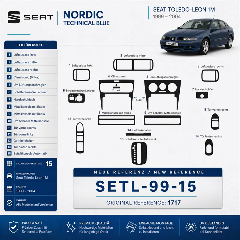 Seat Toledo-Leon 1M 1999-2004 3D kit décoration intérieure tableau de bord 15 pièces