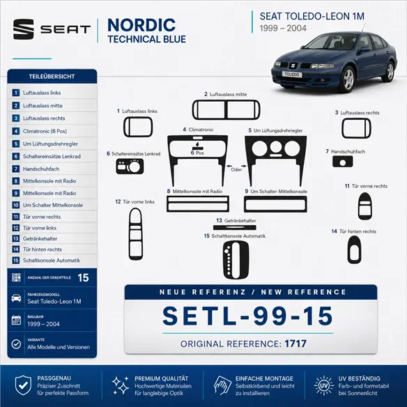 Seat Toledo-Leon 1M 1999-2004 3D kit décoration intérieure tableau de bord 15 pièces
