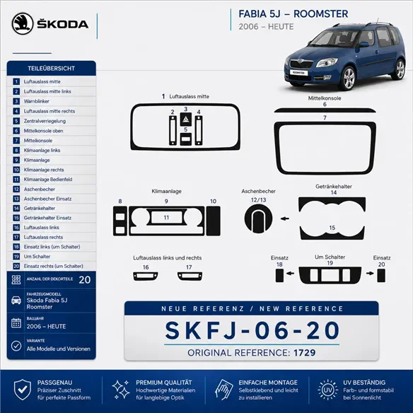 Skoda Fabia 5J Roomster 2006 - à aujourd’hui 3D kit décoration intérieure tableau de bord 20 pièces