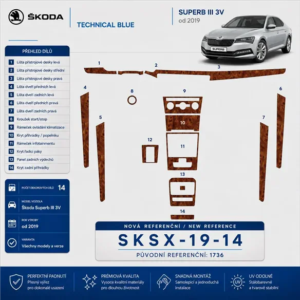 Skoda SuperB 2019 up 3D kit décoration intérieure tableau de bord 14 pièces