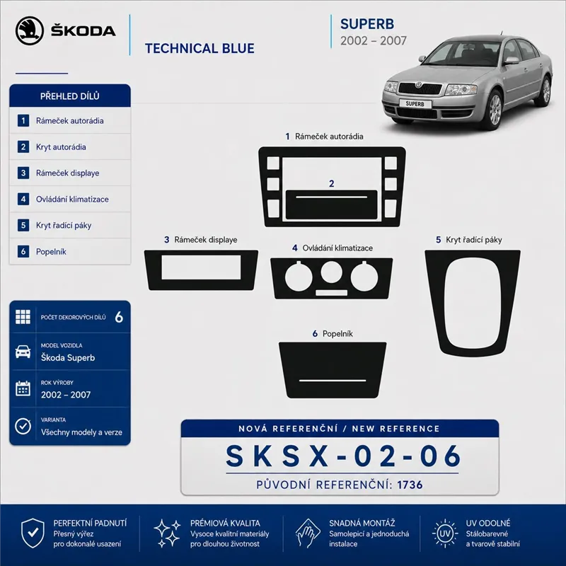Skoda SuperB 2002-2007 3D kit décoration intérieure tableau de bord 6 pièces