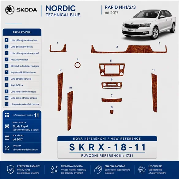 Skoda Rapid 2018 3D kit décoration intérieure tableau de bord 11 pièces