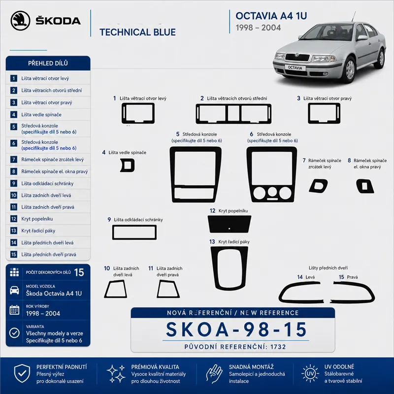 Skoda Octavia A4 1U 1998-2004 3D kit décoration intérieure tableau de bord 15 pièces