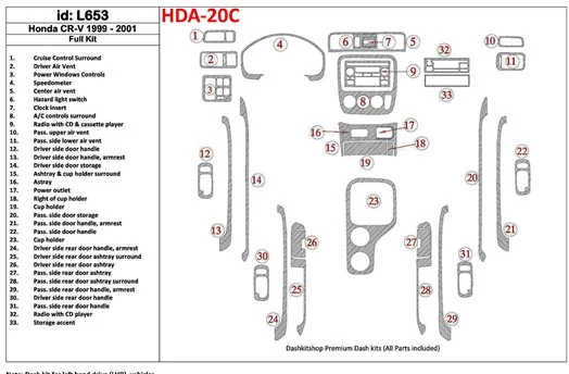 Honda CR-V 1999-2001 Ensemble Complet, 33 Parts set BD Kit la décoration du tableau de bord - 1 - habillage decor de tableau de 