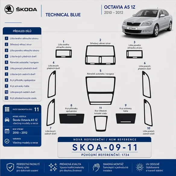 Skoda Octavia A5 1Z 2009 - à aujourd’hui 3D kit décoration intérieure tableau de bord 11 pièces