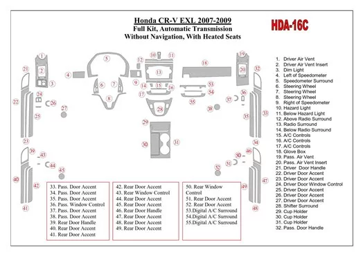 Honda CR-V 2007-2009 Ensemble Complet, EXL Model, Boîte automatique, Sans NAVI,Avec Heated Seats BD Décoration de tableau de bor