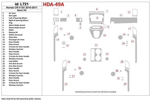 Honda CR-V 2010-UP Paquet de base, EX Model BD Kit la décoration du tableau de bord - 1 - habillage decor de tableau de bord