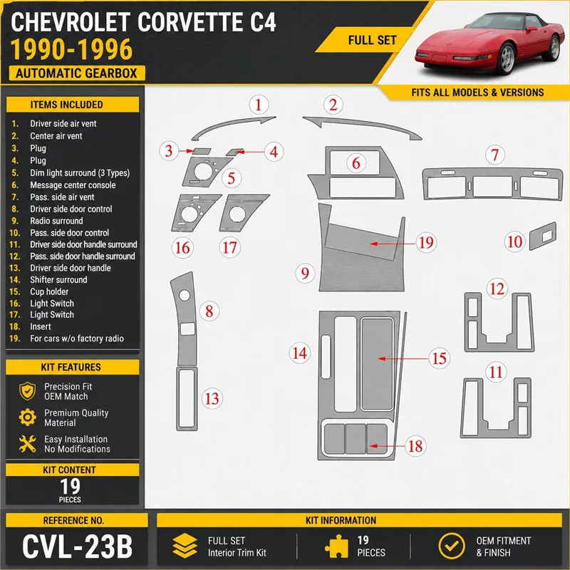 Chevrolet Corvette 1990-1996 boîte automatique kit décoration intérieure tableau de bord