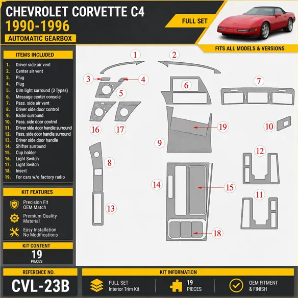 Chevrolet Corvette 1990-1996 boîte automatique kit décoration intérieure tableau de bord