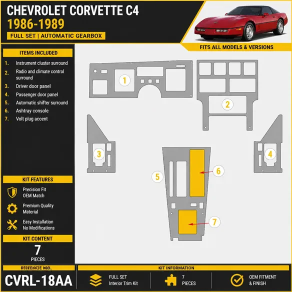 Chevrolet Corvette C4 1986-1989 kit complet, boîte automatique kit décoration intérieure tableau de bord