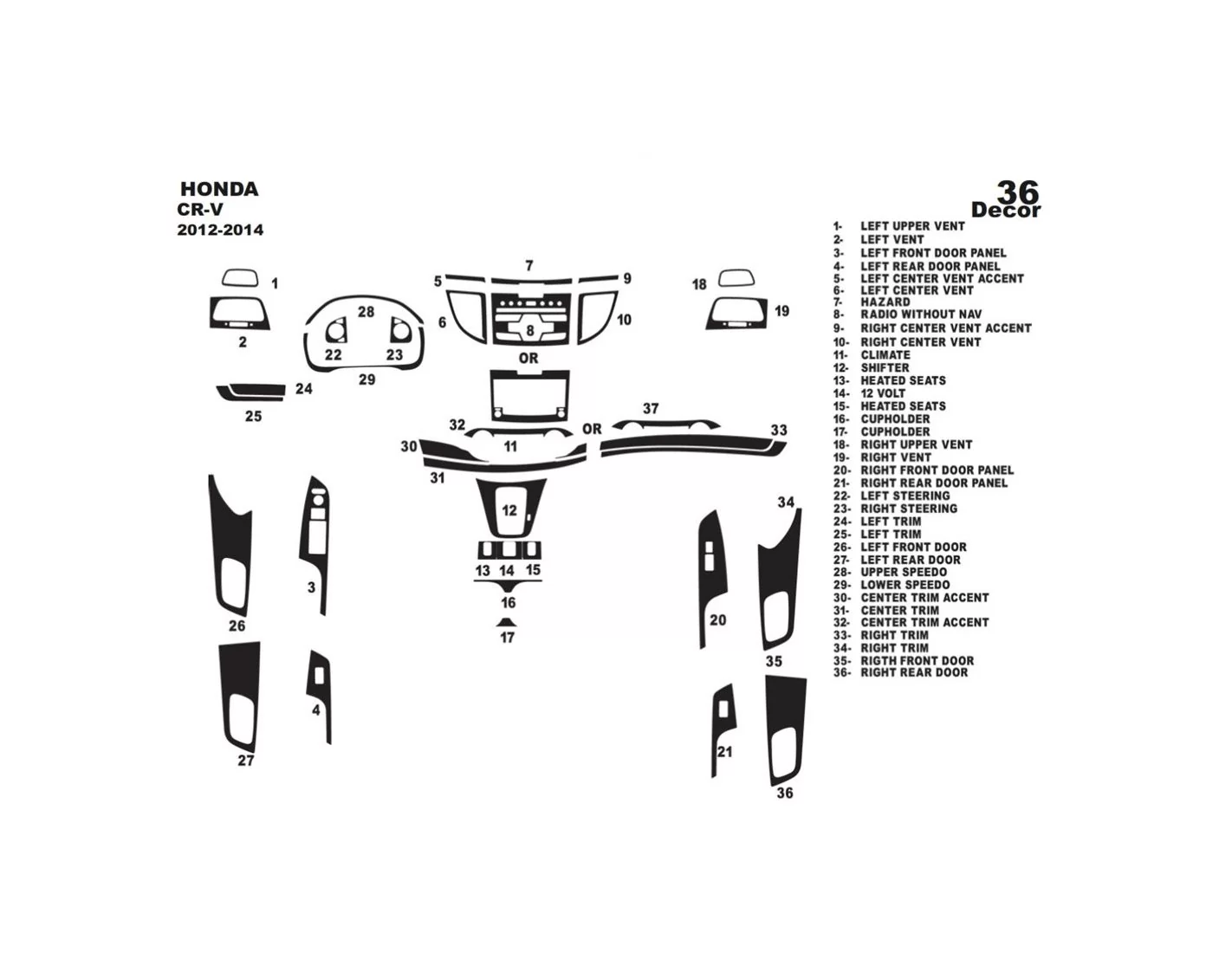 Honda CR-V Mk4 2012-2014 Kit la décoration du tableau de bord 36-Pièce - 1 - habillage decor de tableau de bord