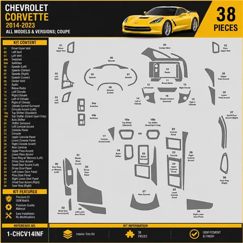 Chevrolet Corvette Coupe 2014-2020 kit décoration intérieure tableau de bord 38 pièces
