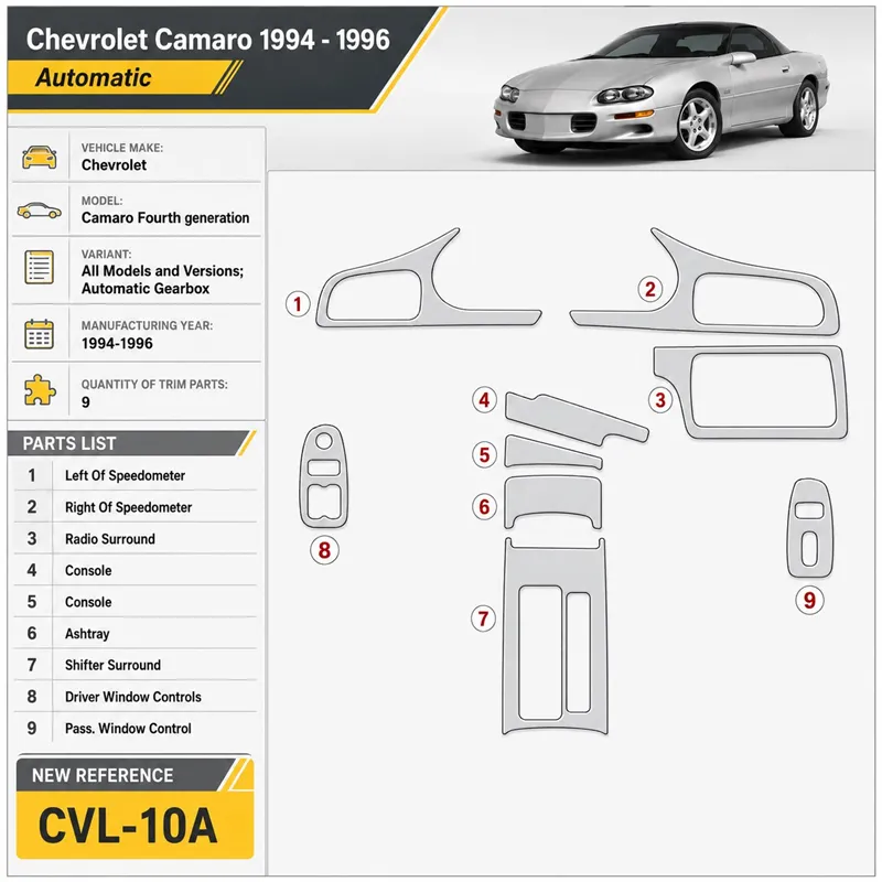 Chevrolet Camaro 1994-1996 boîte automatique, 9 pièces kit décoration intérieure tableau de bord