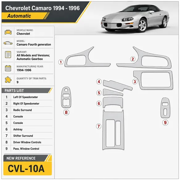 Chevrolet Camaro 1994-1996 boîte automatique, 9 pièces kit décoration intérieure tableau de bord