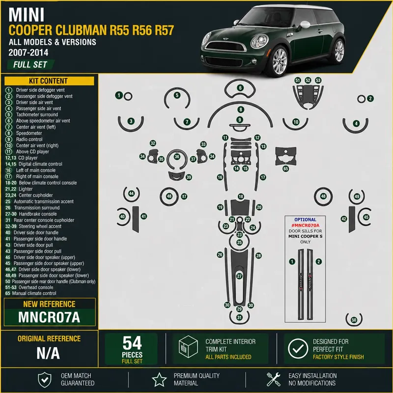 Mini Cooper Clubman R55 R56 R57 2007-2014 3D kit décoration intérieure tableau de bord 57 pièces