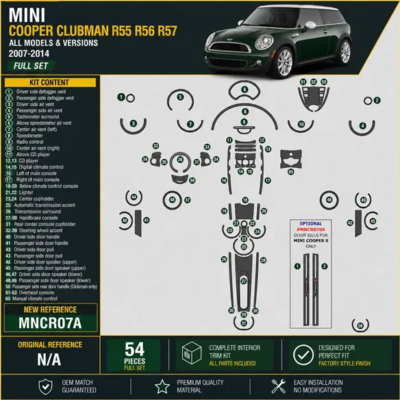 Mini Cooper Clubman R55 R56 R57 2007-2014 3D kit décoration intérieure tableau de bord 57 pièces