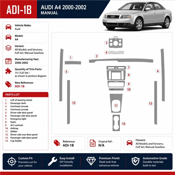 Audi A4 2000-2001 kit complet, manuel.G kit décoration intérieure tableau de bord