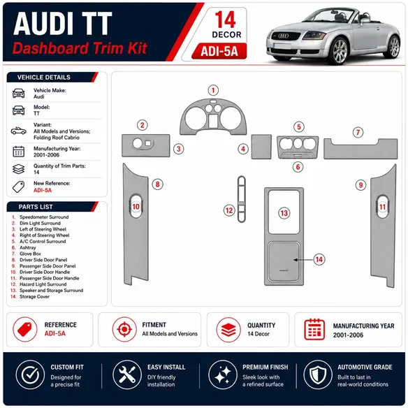 Audi TT 2001-2006 Folding roof-Cabrio, 14 pièces kit décoration intérieure tableau de bord