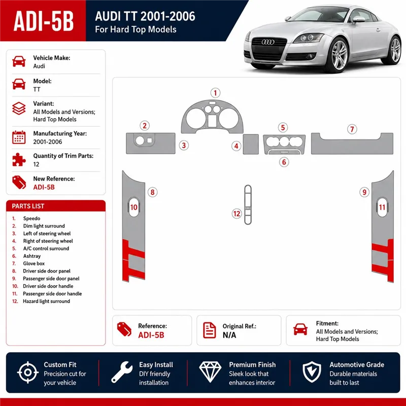 Audi TT 2001-2006 Soft roof-Coupe, 12 pièces kit décoration intérieure tableau de bord