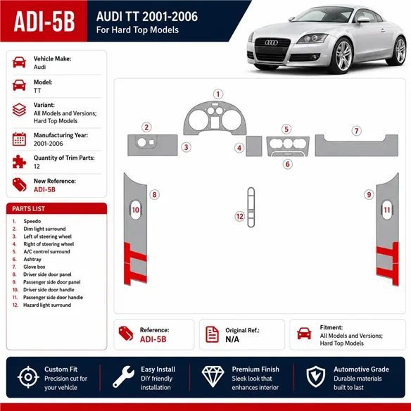 Audi TT 2001-2006 Soft roof-Coupe, 12 pièces kit décoration intérieure tableau de bord