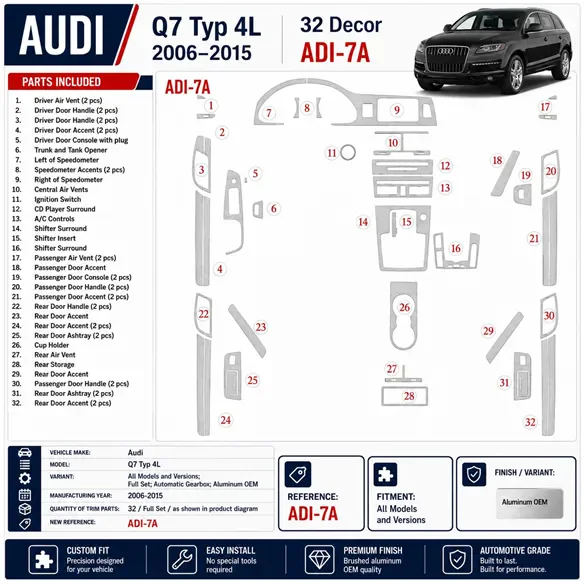 Audi Q7 2007 - à aujourd’hui kit complet, boîte automatique, Aluminum OEM kit décoration intérieure tableau de bord