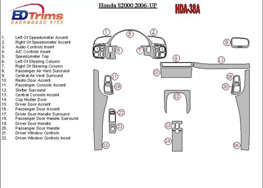 Honda S2000 2006-UP Ensemble Complet BD Kit la décoration du tableau de bord - 1 - habillage decor de tableau de bord