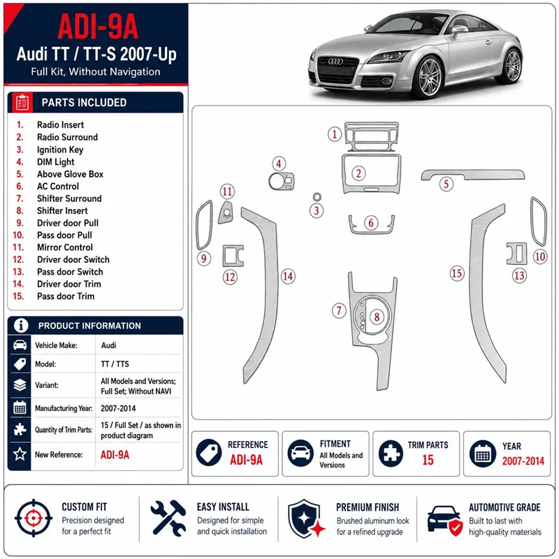 Audi TT 2007-2014 kit complet, sans navigation kit décoration intérieure tableau de bord