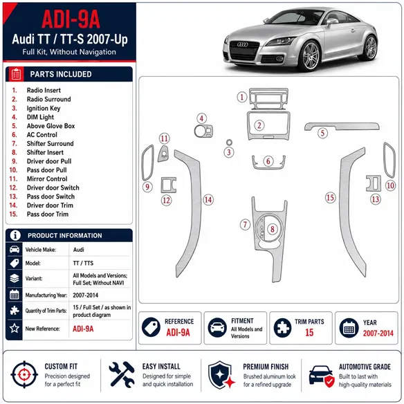Audi TT 2007-2014 kit complet, sans navigation kit décoration intérieure tableau de bord