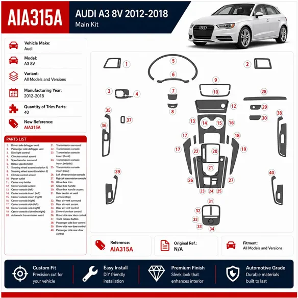 Audi A3 8V ab 2012-2018 3D kit décoration intérieure tableau de bord 40 pièces